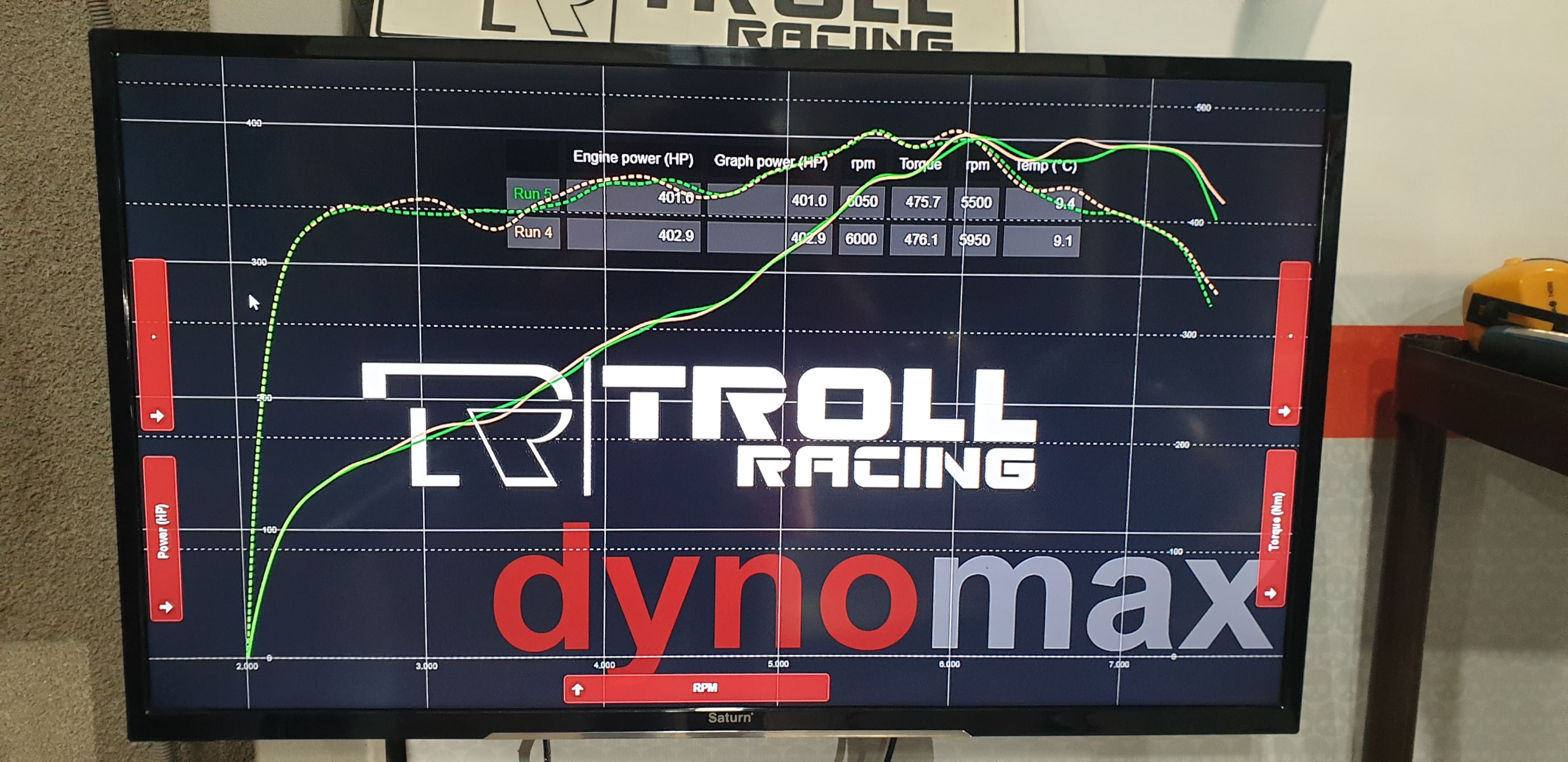Photograph of the dyno power and torque curves after the 3.8-liter swap and GT4 Clubsport firmware conversion.